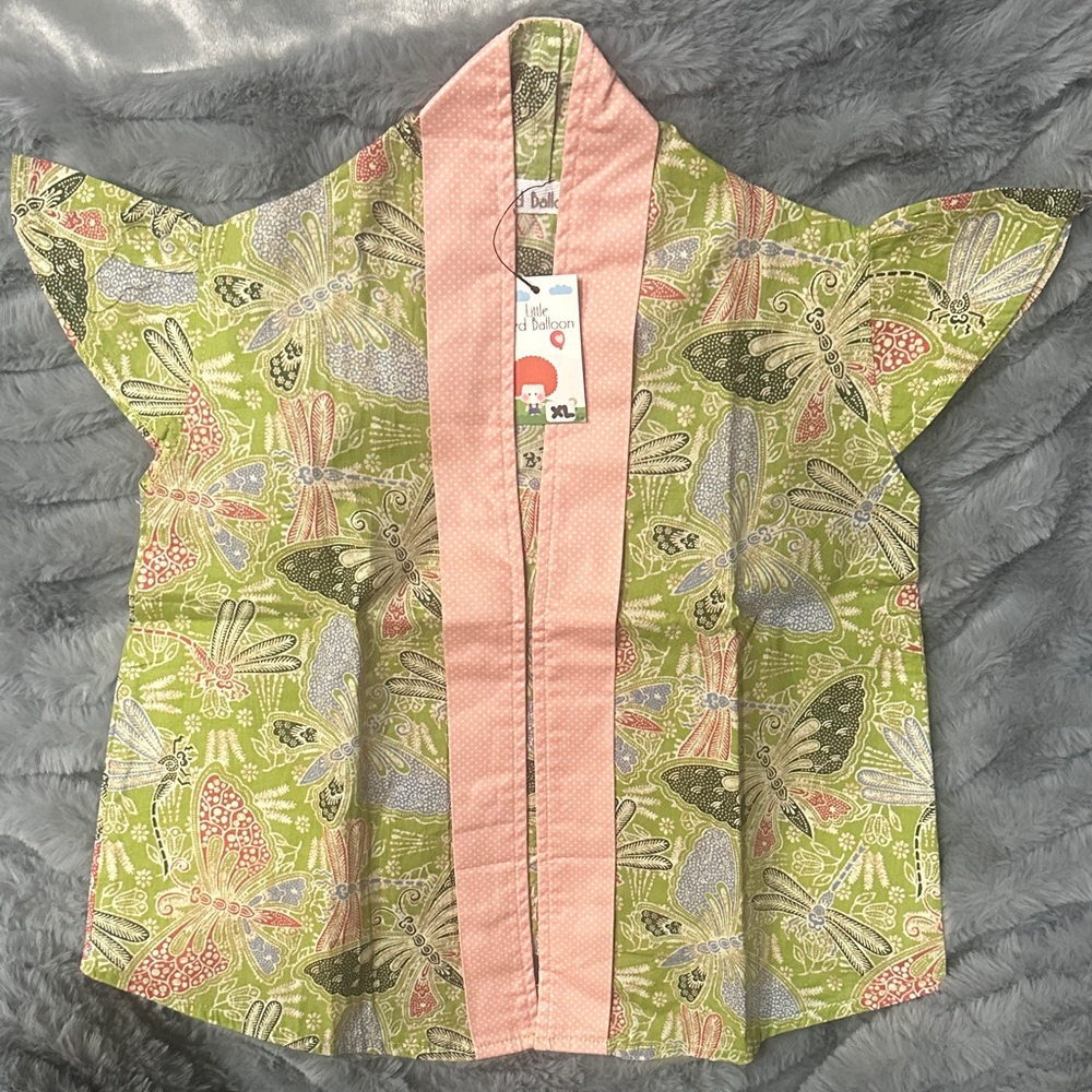 Green Butterfly Kimono Top with Pink Trim